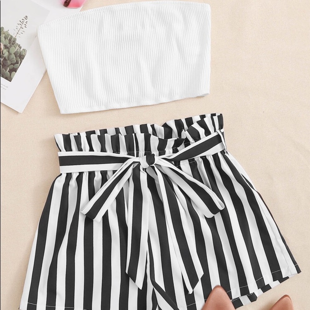 Rib-Knit Tube Top & Paperbag Waist Set
